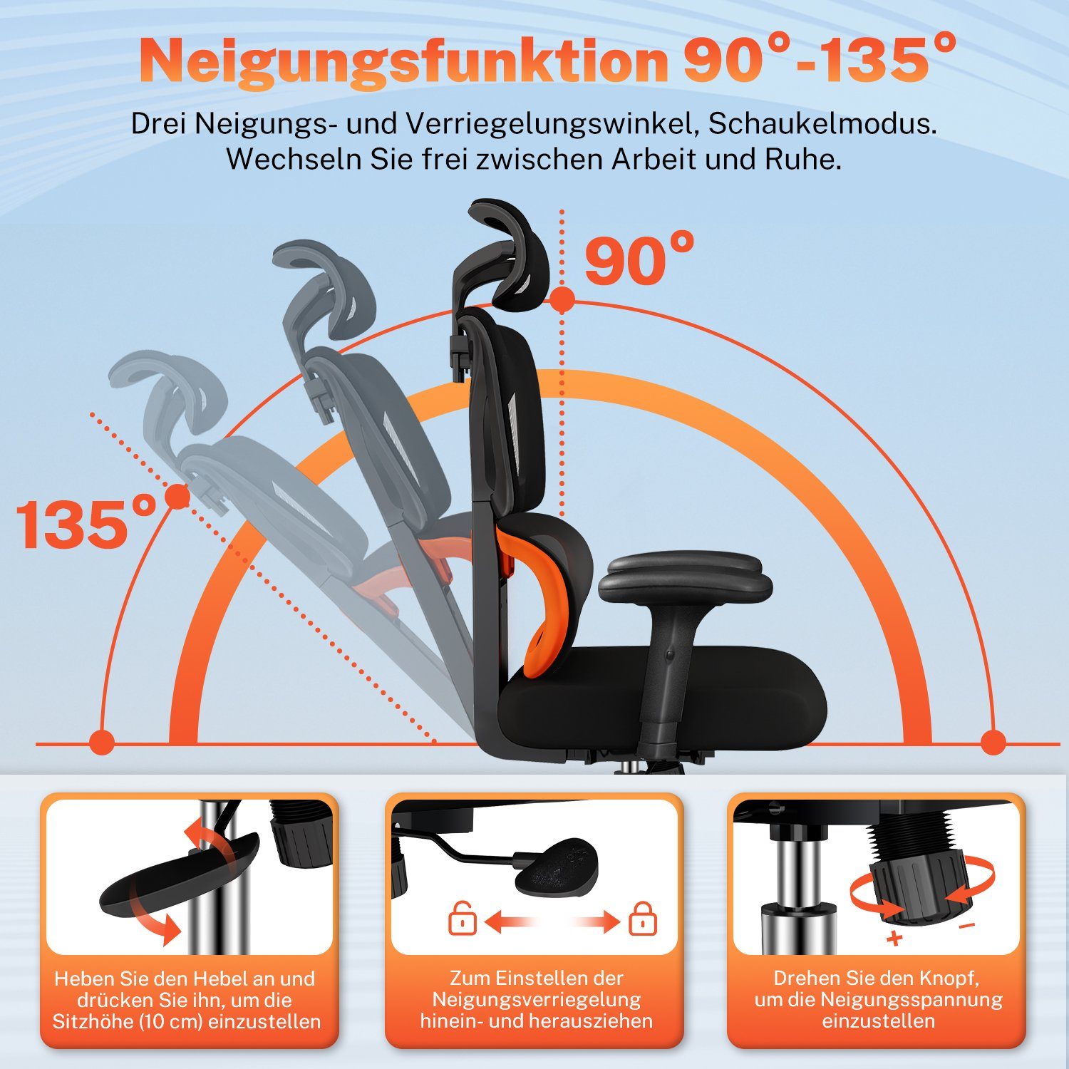 Authmic Bürostuhl Bürostuhl, Drehstuhl, Schreibtischstuhl, Chefsessel, (Bürostuhl ergonomisch mit verstellbarer Kopfstutze, Armlehnen, Lendenwirbelstutze, Atmungsaktiver Netzstuhl, Wippfunktion von 90° bis 135°, Bürostuhl 150kg)