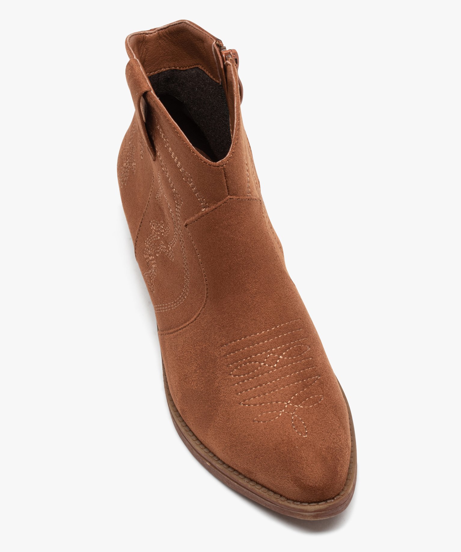Boots santiags à talon en suédine brodée femme camel | GEMO