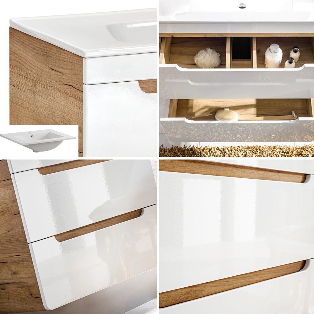 Lomadox Badmöbel-Set LUTON-56, (5-St), Wotan Eiche Nb. inkl. 61 cm Keramikwaschtisch 111/200/46 cm