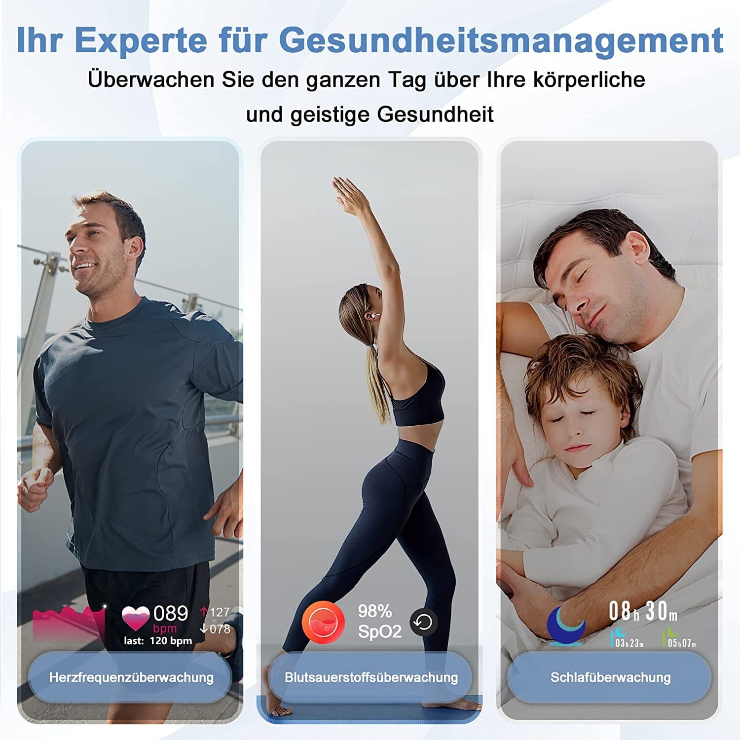 Manike QS108 Smartwatch (4,3 cm/1,69'' HD Voll Touchscreen Zoll) Spar - set, Smartwatch mit deutscher Bedienungsanleitung mit Ladekabel, Herzfrequenzmesser, Analyse von EKG-Daten, Blutdruckmessgerät