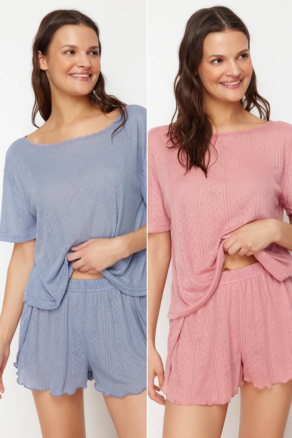 Trendyol Collection  Mehrfarbiges Pyjama-Oberteil aus Pointel-Strick mit Lochmuster im 2er-Pack THMSS24PT00276