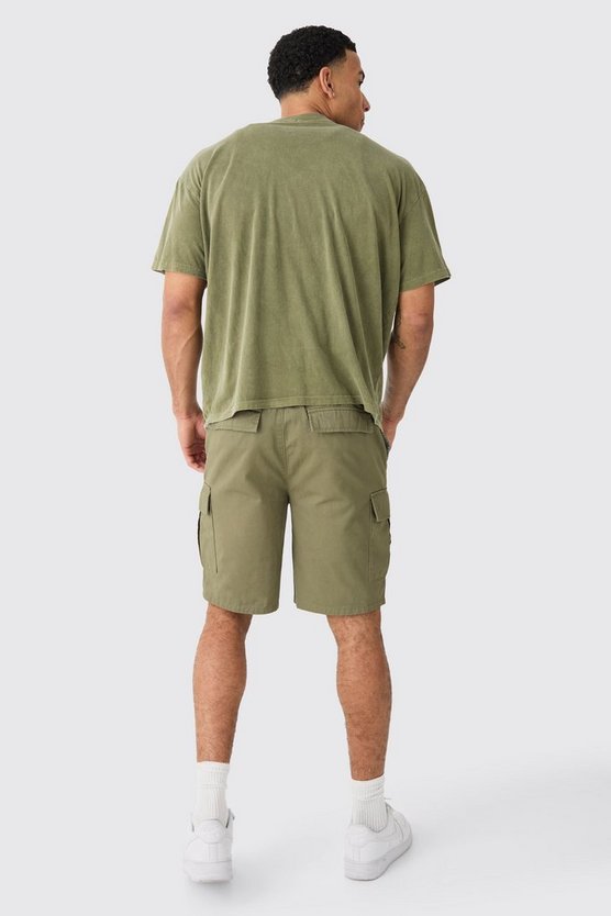 Lockere Khaki Cargo-Shorts mit elastischem Bund