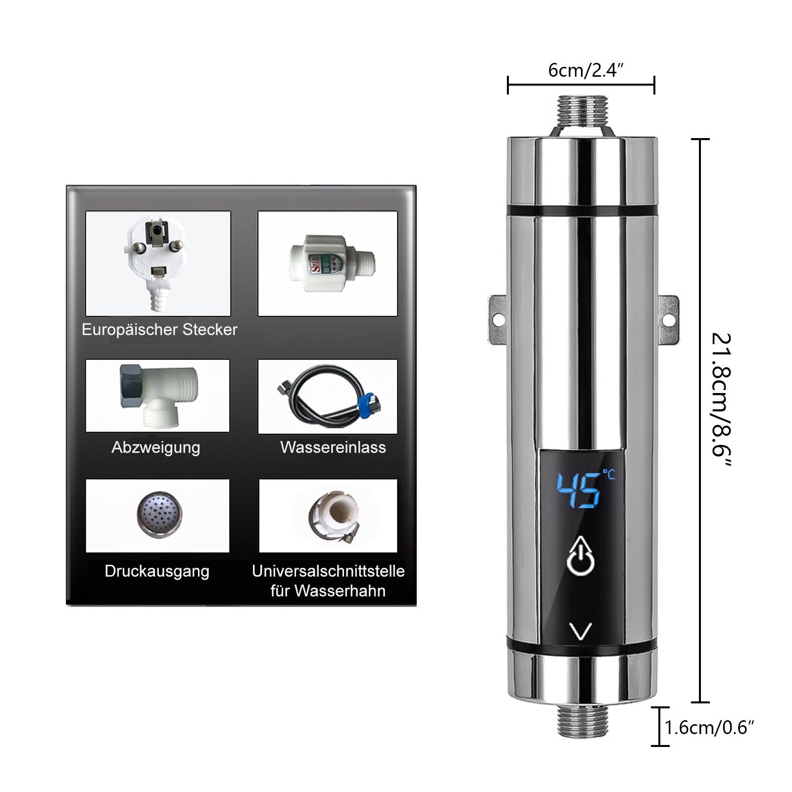 TWSOUL Klein-Durchlauferhitzer 3500W Smart Inverter Elektrischer Durchlauferhitzer Silber, 30,00 °C, max 52,00 °C, Automatische Frequenzumwandlung bei konstanter Temperatur