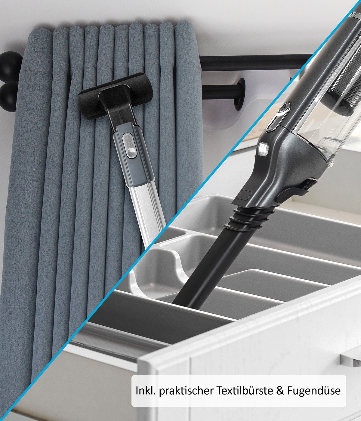 Genius Akku-Handstaubsauger INVICTUS ONE 3.0e Deluxe-Set 22-tlg. Bodenstaubsauger Kabellos, 120,00 W, beutellos HEPA Filter für Auto Zuhause, 15000 Pa LED Licht Ladestation Soft Textilbürste für Teppich Tierhaar