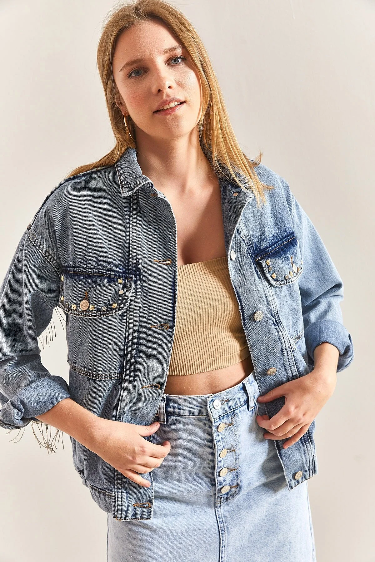 Bianco Lucci  Damen-Jeansjacke mit bestickter Steinstickerei
