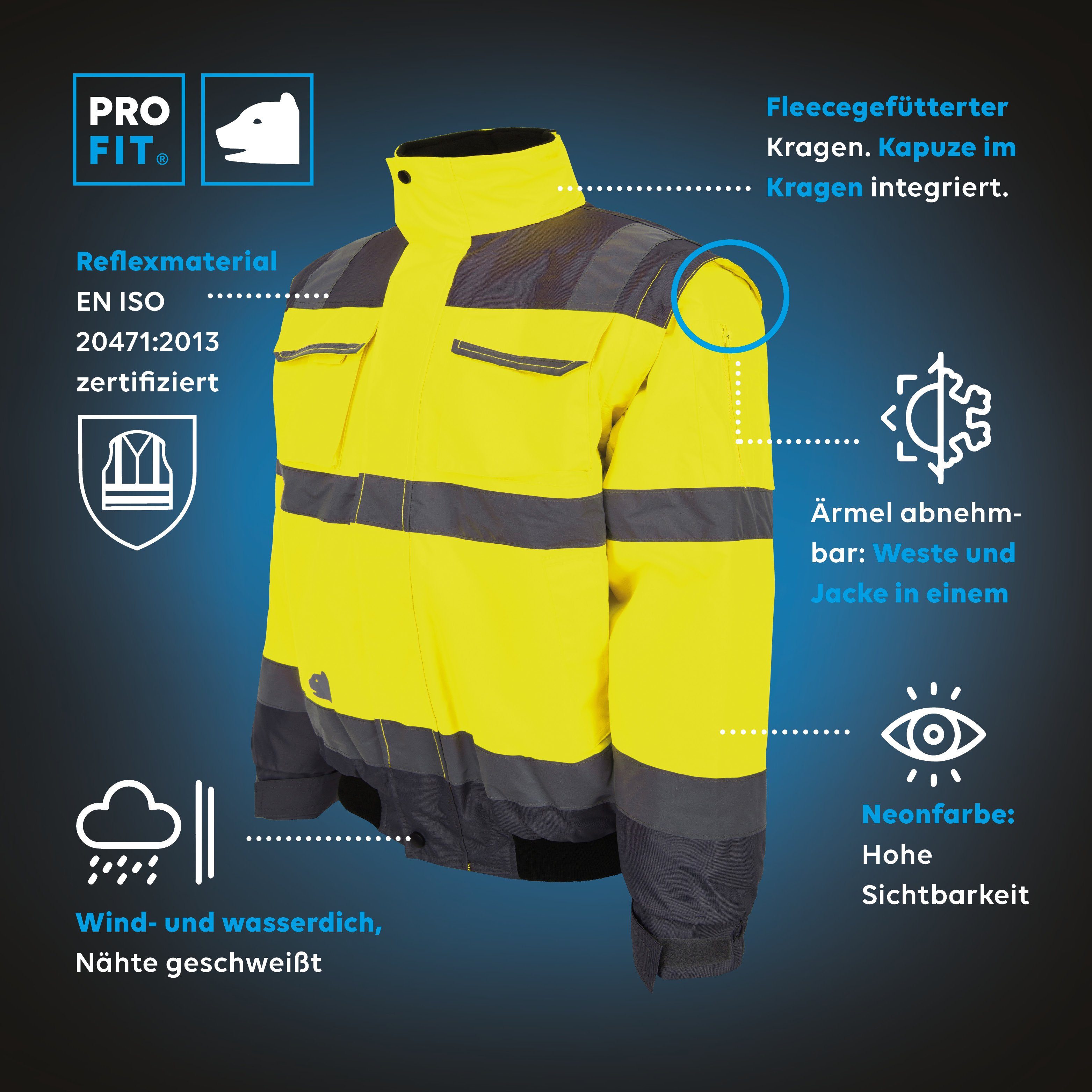 PRO FIT by Fitzner Arbeitsjacke Warnschutz Pilotenjacke Neongelb/Grau (1-St) Winddicht, Wasserdicht, Reflektionsstreifen, Kapuze im Kragen