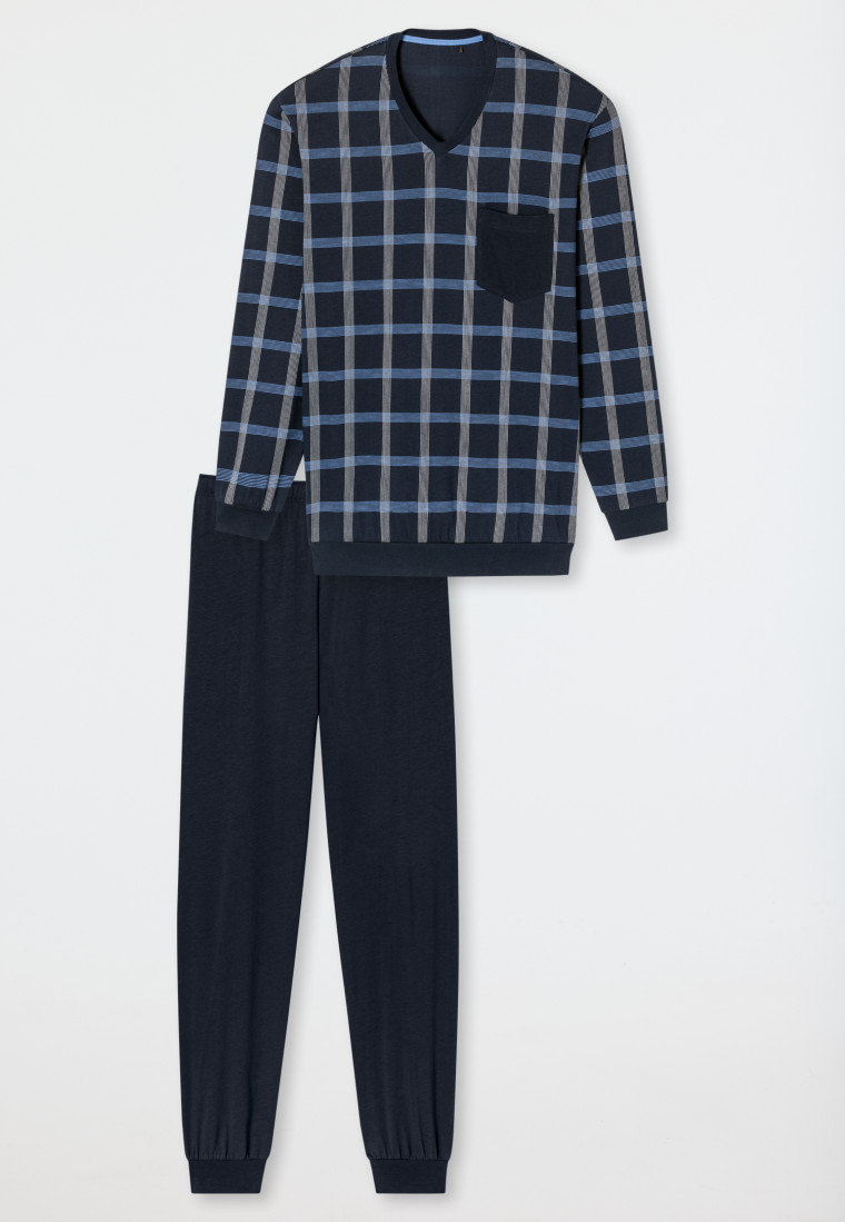 Schlafanzug lang Organic Cotton V-Ausschnitt Bündchen Brusttasche nachtblau kariert - Comfort Nightwear