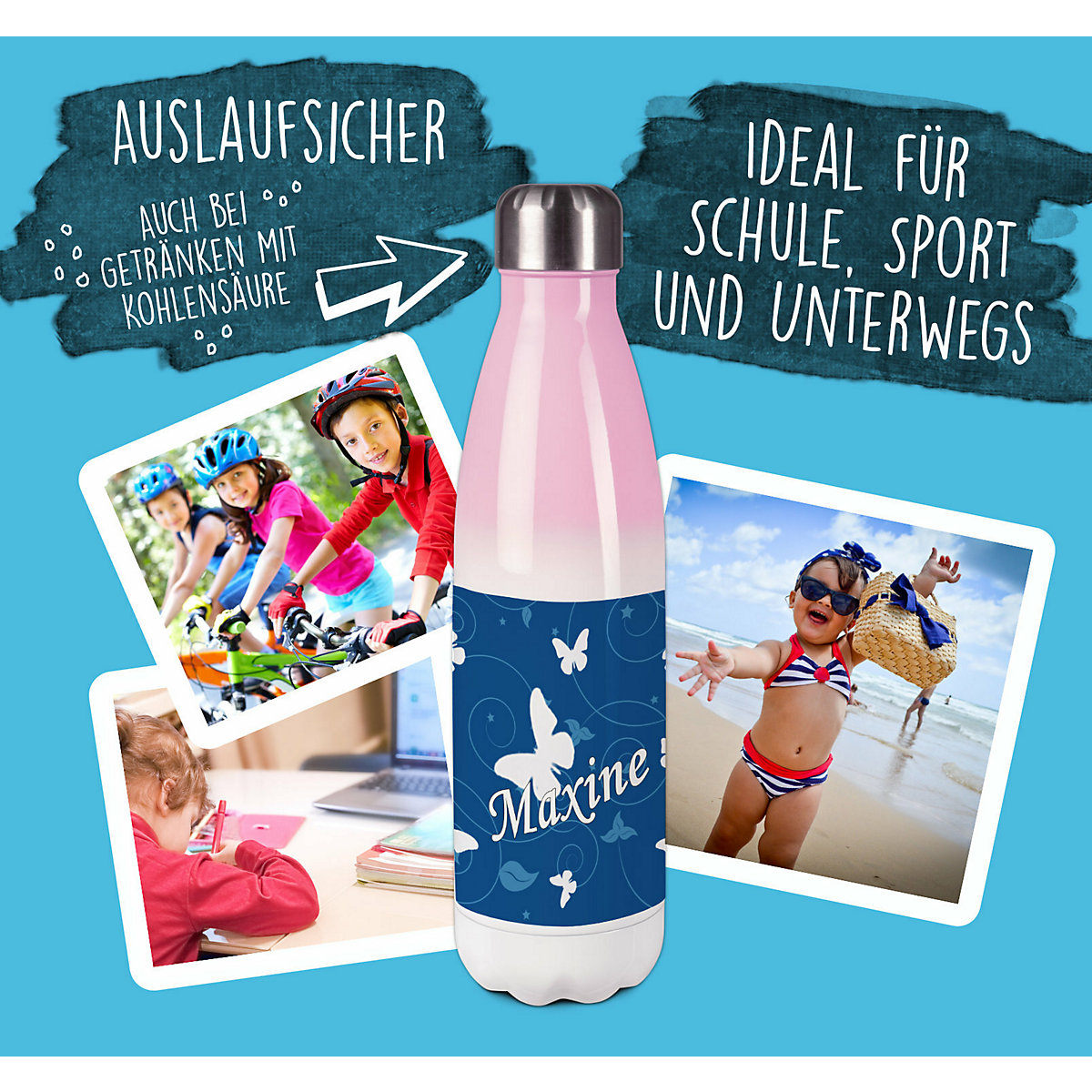 Edelstahl Kinder Thermoflasche / Trinkflasche bunt Schmetterling Ornamente Farbe blau Spülmaschinenfest, Auslaufsicher, Bruchfest, Doppelwandig, Für Heißgetränke geeignet, Mit Deckel, Isoliert