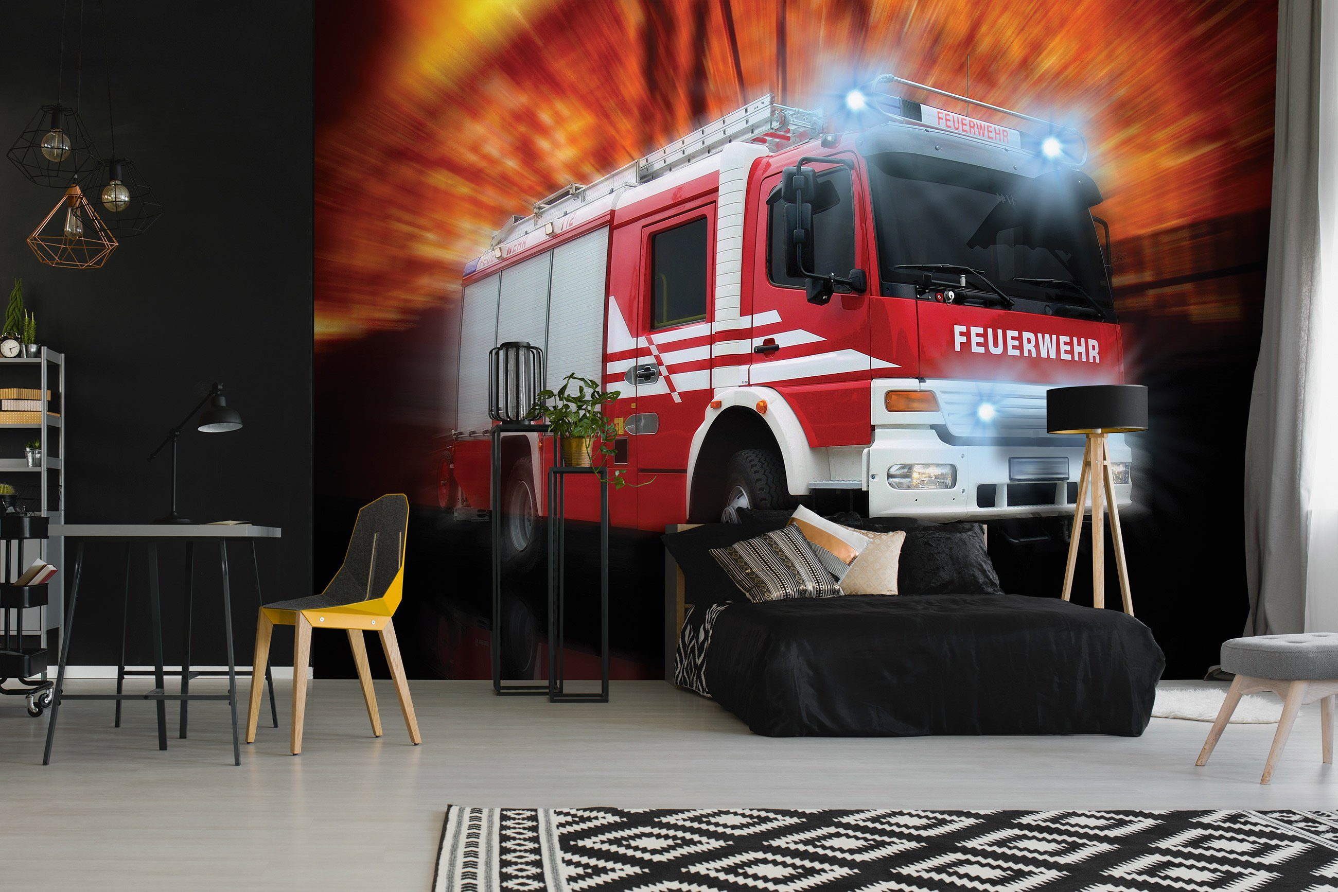 Wallarena Fototapete Kinderzimmer Jungen Feuerwehr Auto Vlies Tapete für Jungenzimmer oder Babyzimmer Vliestapete Wandtapete Motivtapete, Glatt, Feuerwehr, Vliestapete inklusive Kleister