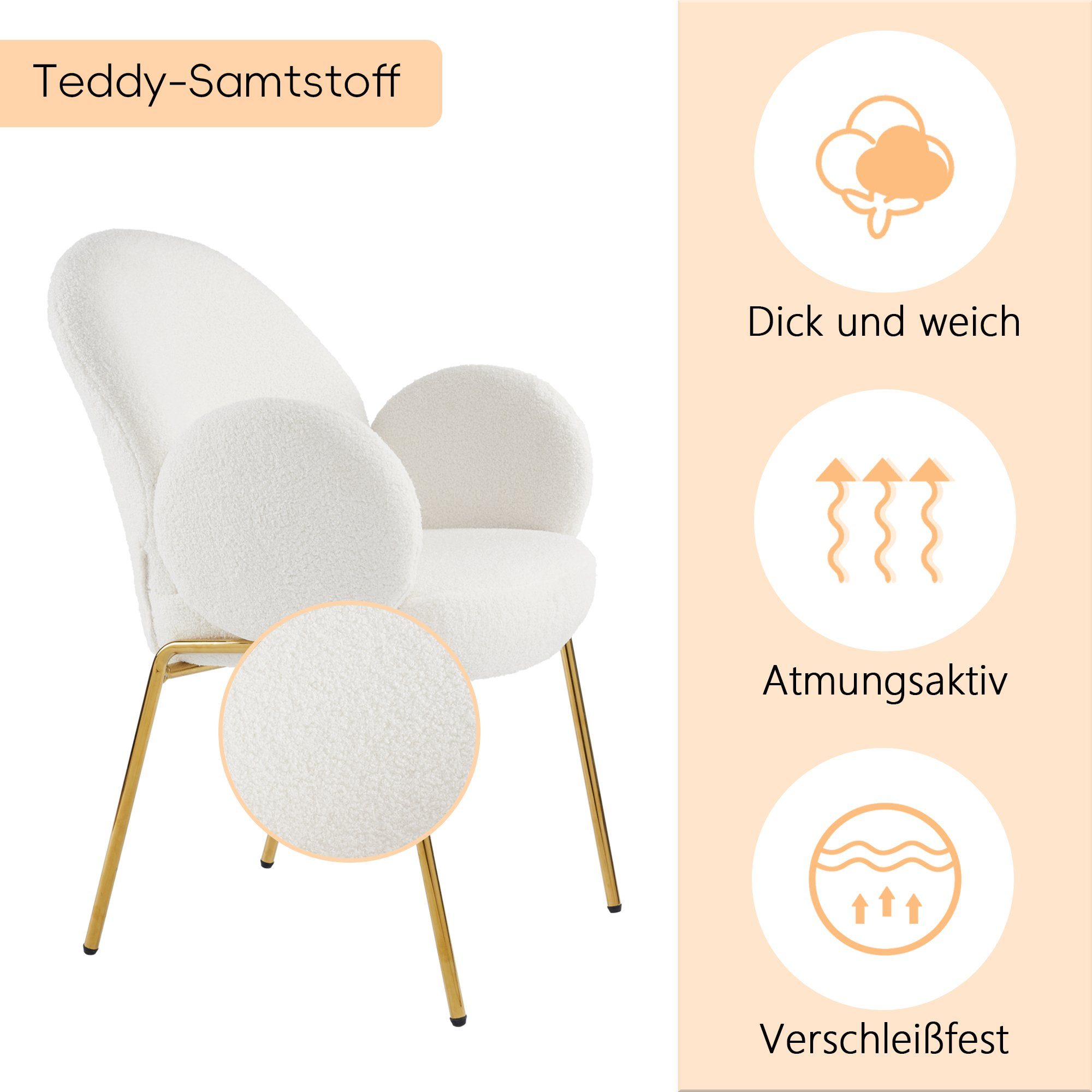 Ulife Polsterstuhl Freizeitstuhl Loungesessel Fernsehsessel Relaxsessel (einzelner Sofastuhl, Restaurant-Esszimmerstuhl), Teddy-Samt-Freizeitstuhl, Stuhl mit rosafarbenen Metallbeinen