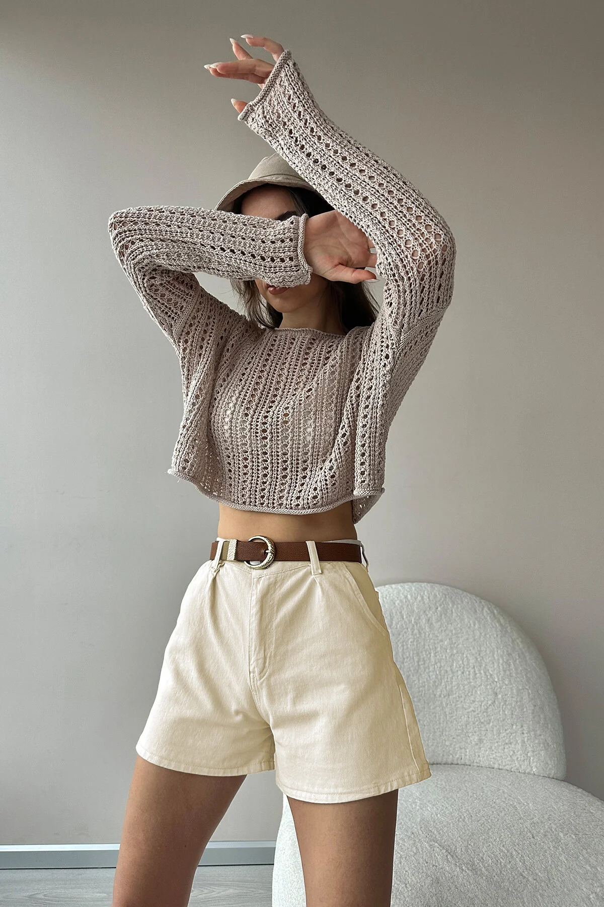 Trend Alaçatı Stili  Shorts - Beige - Mittlerer Bund