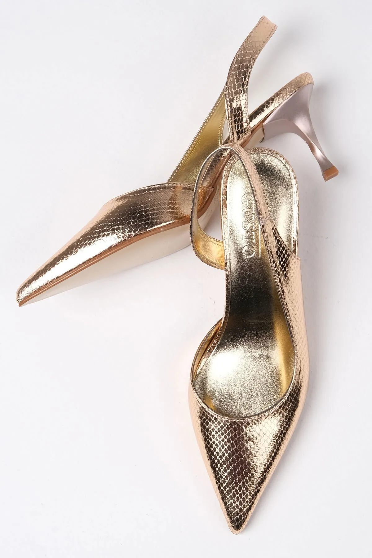 Mio Gusto  Clarice Damen-Schuhe mit Absatz in Goldfarbe und Schlangenledermuster
