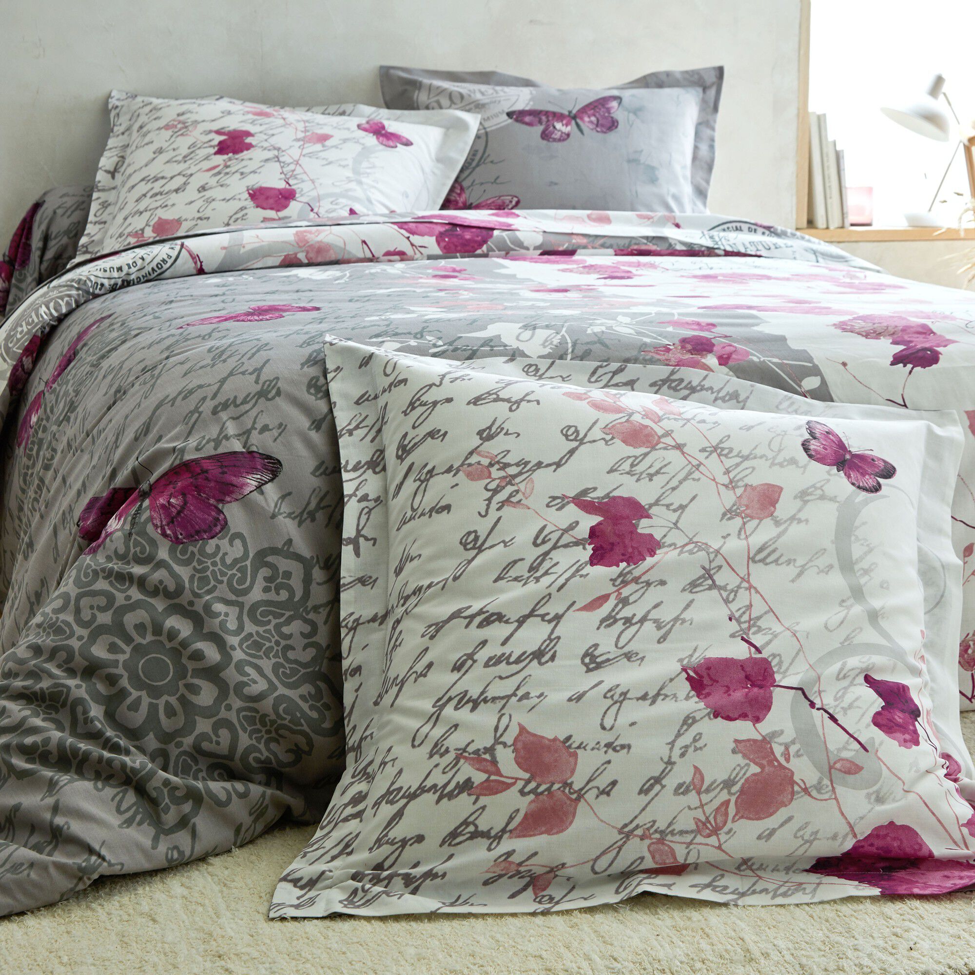 Linge de lit Célestine en coton imprimé fleurs et papillons