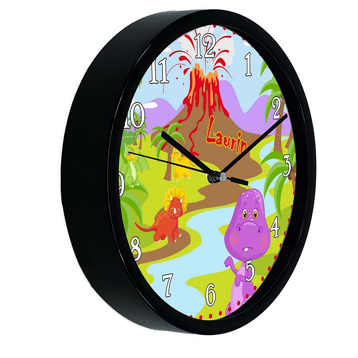 Kinder Wanduhr laufruhig personalisiert mit Name Dino