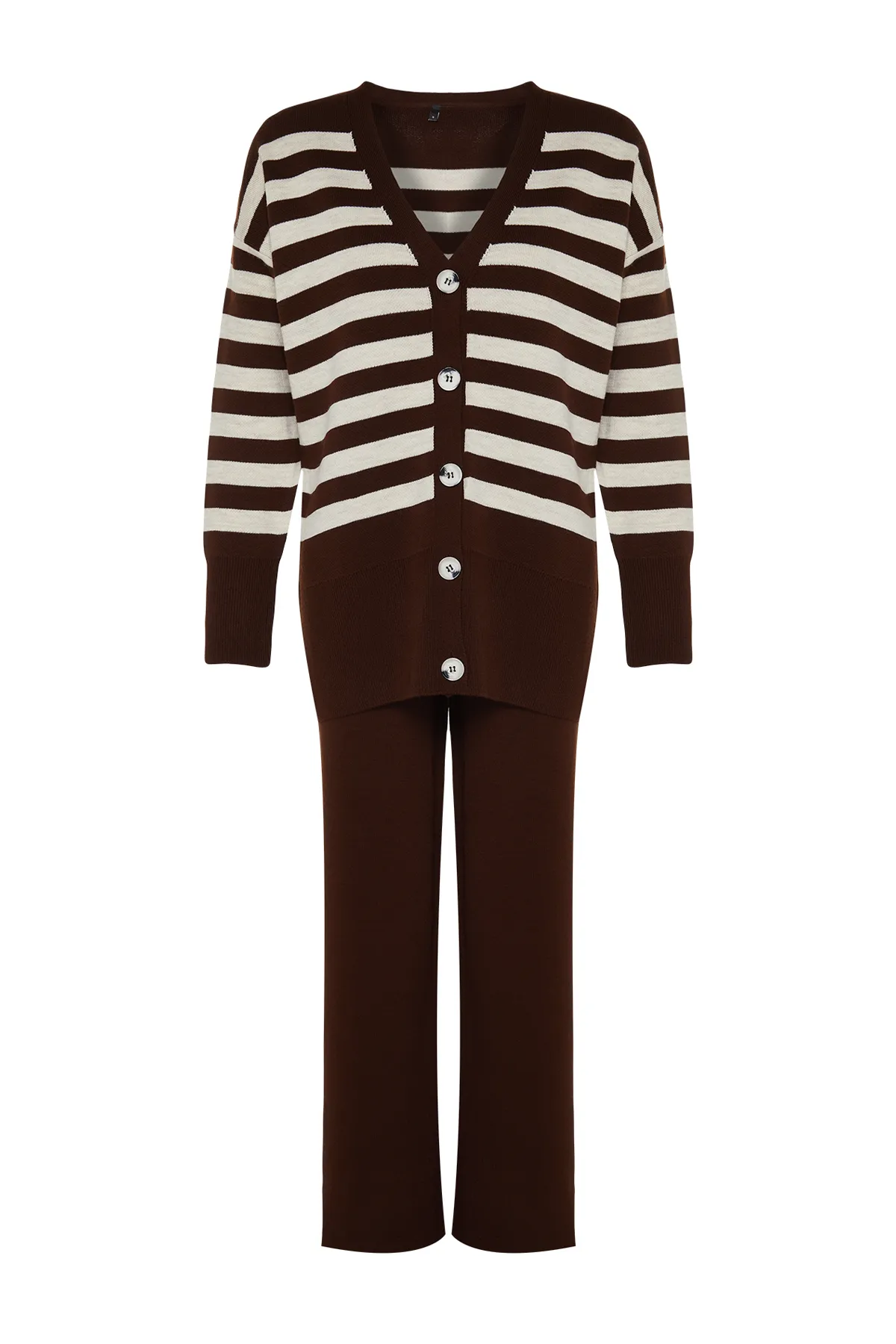 Trendyol Modest  Dunkelbraunes Jacquard-Strickjacke-Set mit Knopfleiste, gestreifter Hose und Oberteil sowie Unterteil TCTAW24US00054
