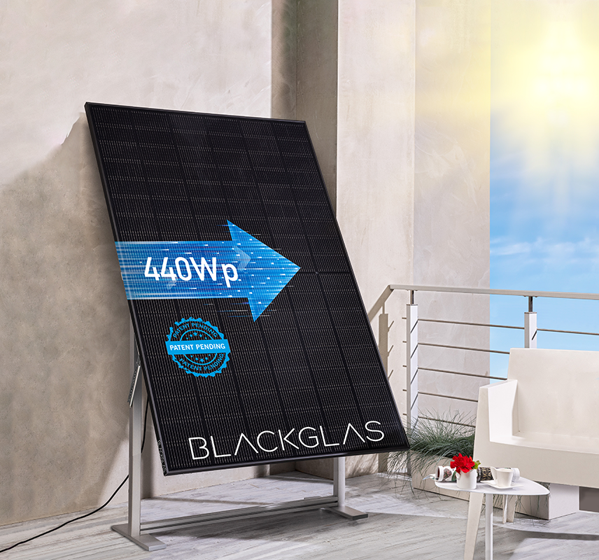 BLACKGLAS SolarScreen ECOmirror-440Wp-FBGG Hochformat, Bifacial, 7-stufig verstellbar, Balkonkraftwerk (BKW)