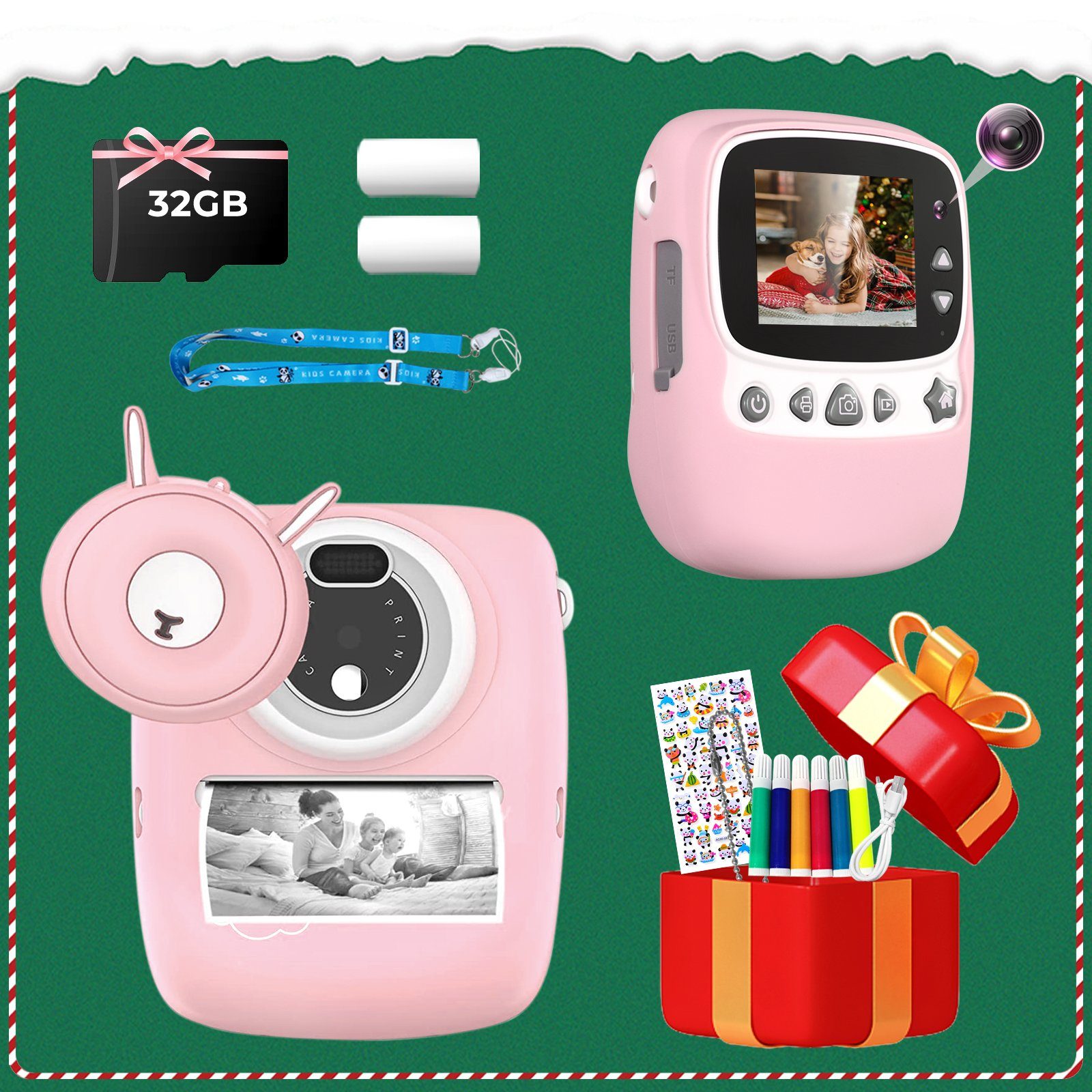 Fine Life Pro Kinder-Sofortbildkamera, Digitalkamera für Kinder mit Druckpapier Kinderkamera (inkl. & 32G TF Karte, VideoKamera mit farbigen Stiften, & Fotoklammern zum Basteln, Geschenk für Kinder 3-14 Jahren)