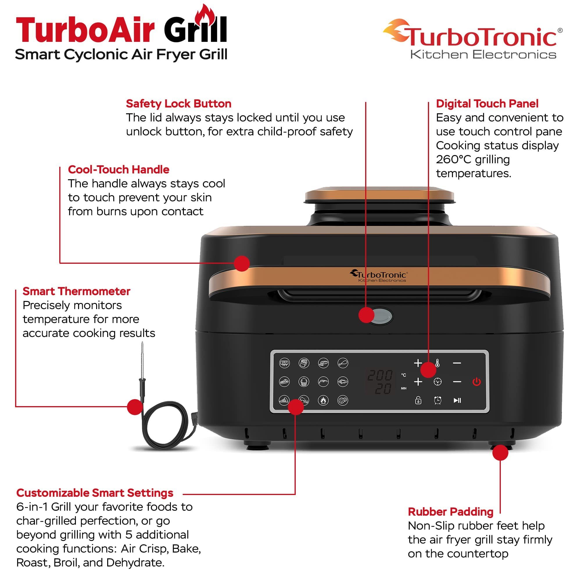 TurboTronic by Z-Line Heißluftfritteuse bis 260°C Food Grill mit digitalem Temperaturfühler 6,5 L Volumen, 1800 W, Tischgrill mit Crisper Plate Steakgrill