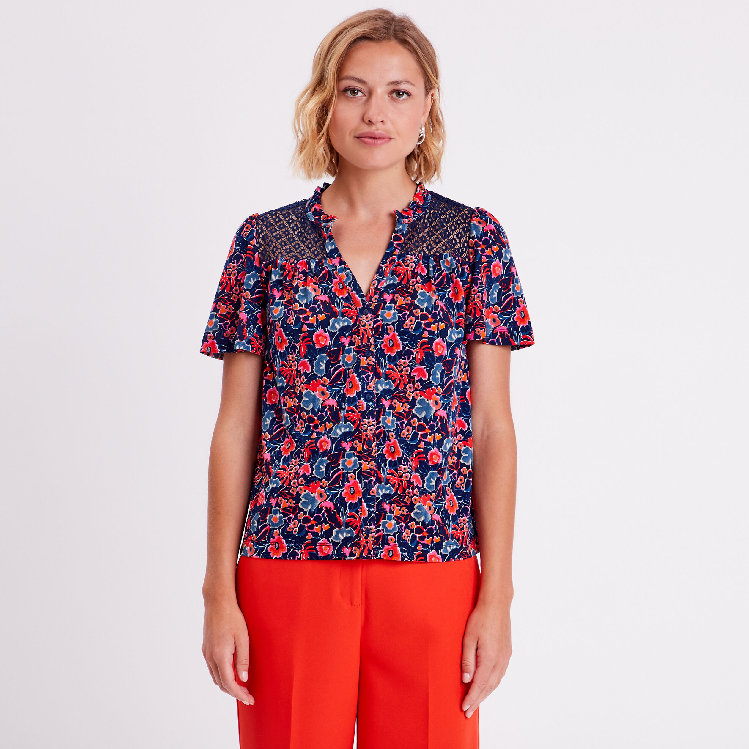 Blouse détails dentelle bleu marine femme | Cache Cache