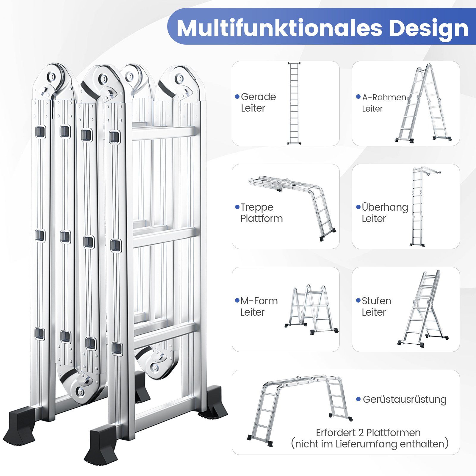 COSTWAY Vielzweckleiter, Aluminium, 7in1, Länge bis 370,5cm, Klappbar, 150 kg