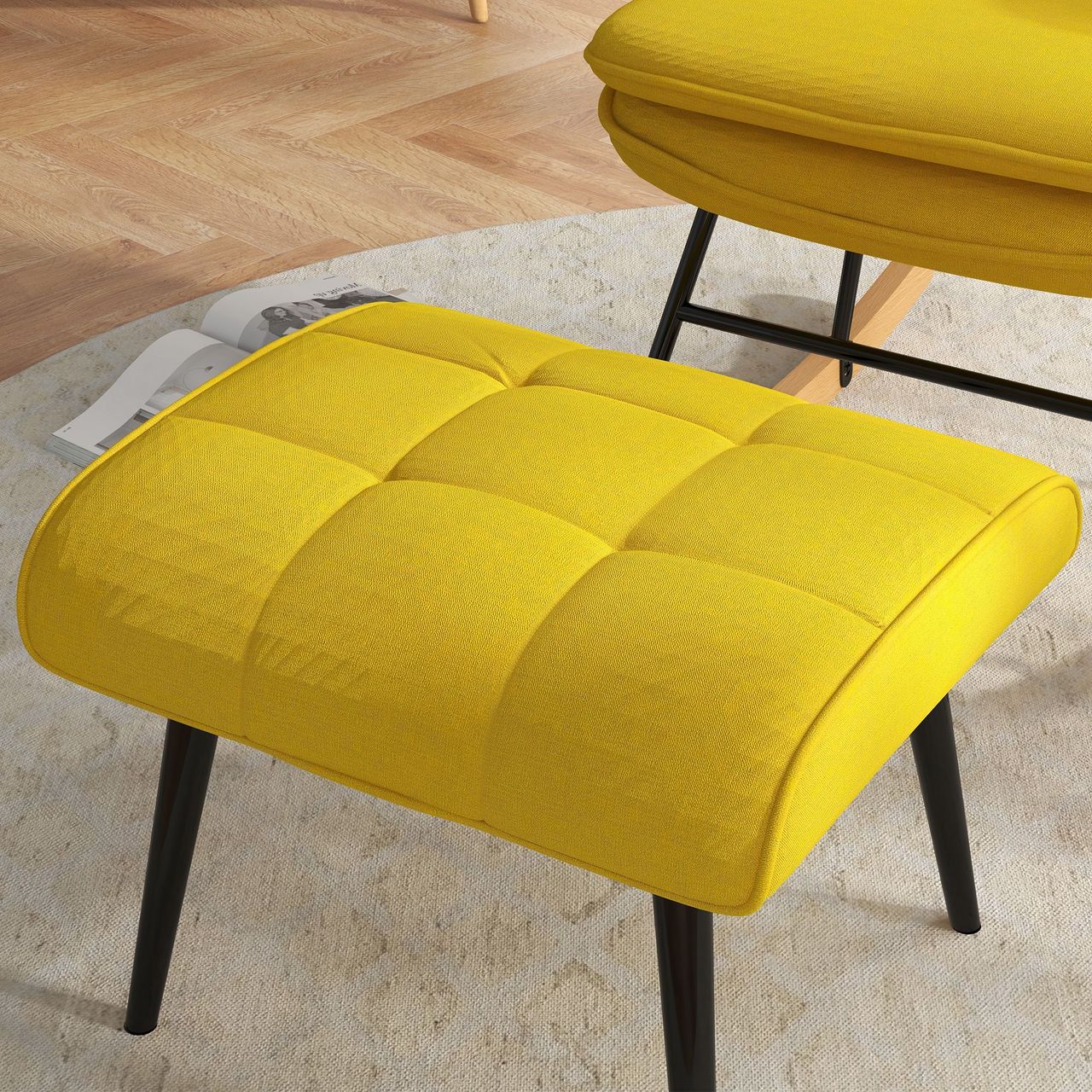 HOMCOM Schaukelstuhl Schwingsessel mit Hocker Relaxsessel mit Leinenoptik