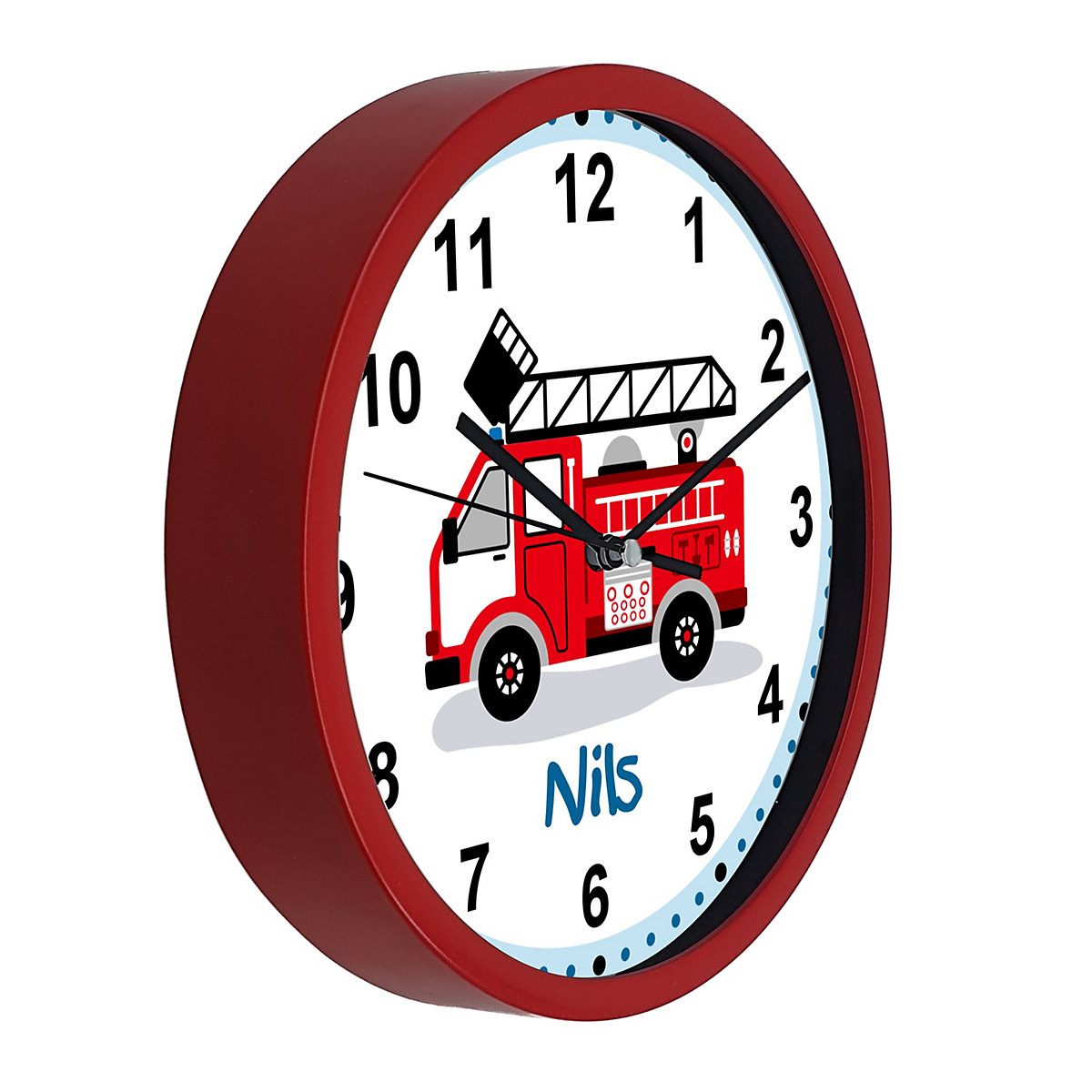 Kinder Wanduhr laufruhig personalisiert mit Name Feuerwehr Drehleiter