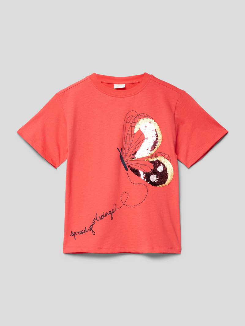T-Shirt aus Baumwolle mit Paillettenbesatz in koralle