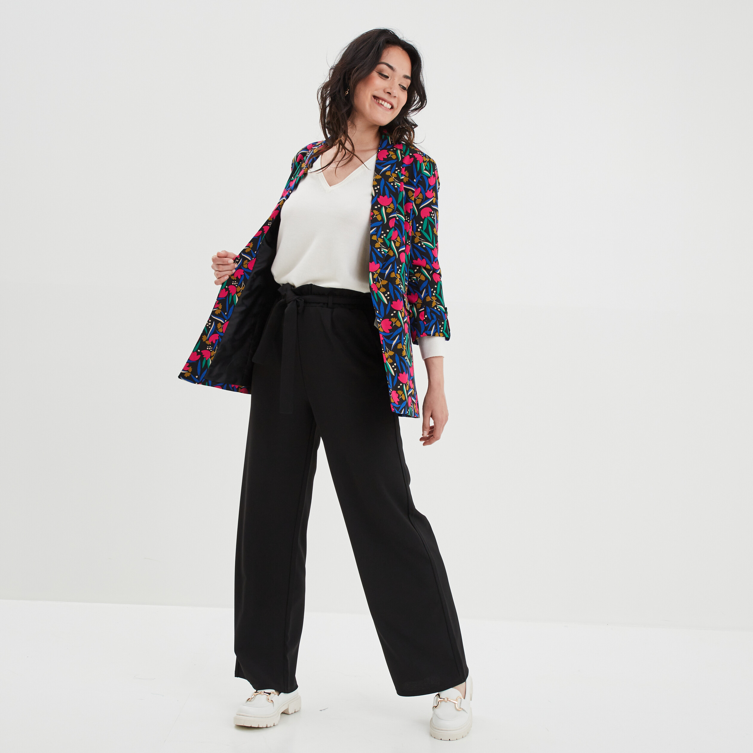 Pull col en V manches longues blanc femme | La Halle