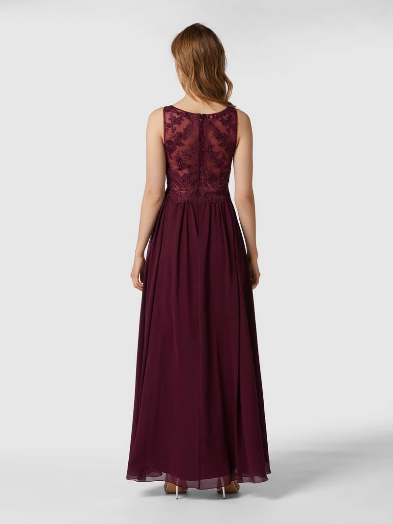 Abendkleid mit Ziersteinen und floralen Stickereien in bordeaux rot