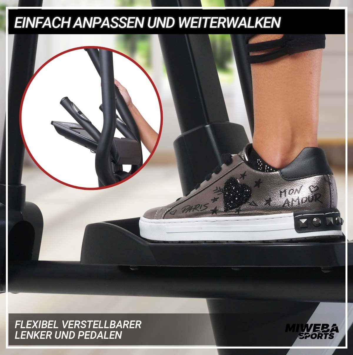 Miweba Sports Ellipsentrainer Profi Crosstrainer MC300 inkl. Pulsgurt - 21 kg Schwungmasse (8 Intensitätsstufen, 16 Trainings Programme, Cardio, Fitnessgerät, Sportgerät, verstellbar, 1-tlg., iConsole, Kinomap, FitHiWay App, großes LCD Display, Table