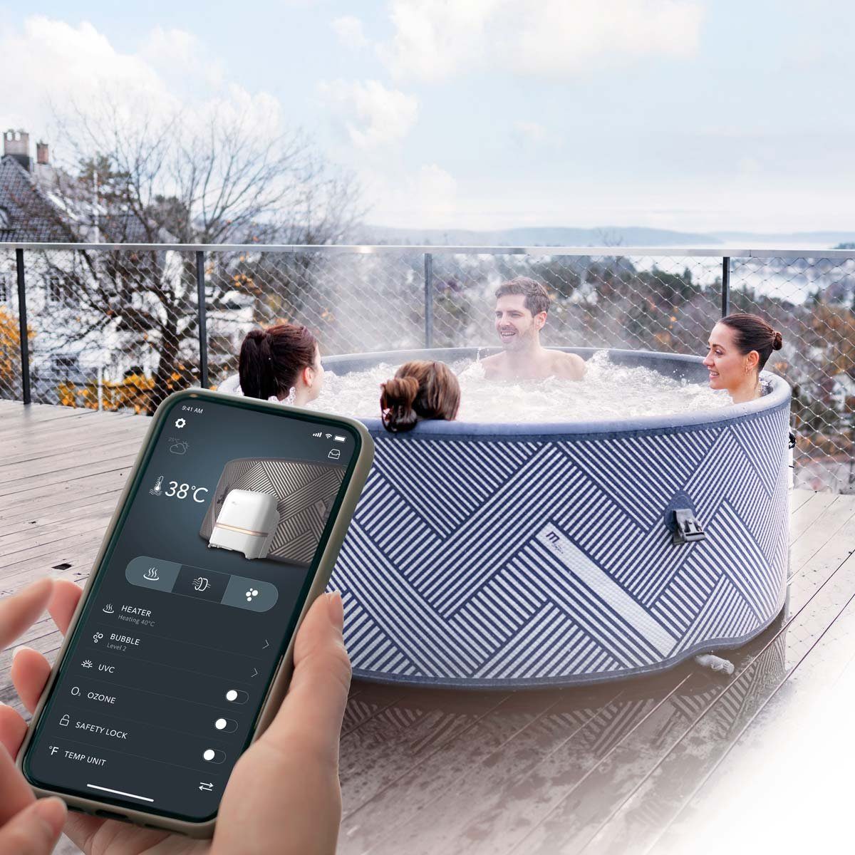 mSpa Whirlpool BRAST aufblasbar Naval für 6 Personen Ø173x65cm In- Outdoor Pool, (Isolierende Bodenmatte Timer Heizung Bubble Spa Wellness Massage, 138 Massagedüsen inkl. aufblasbare Thermoabdeckung)