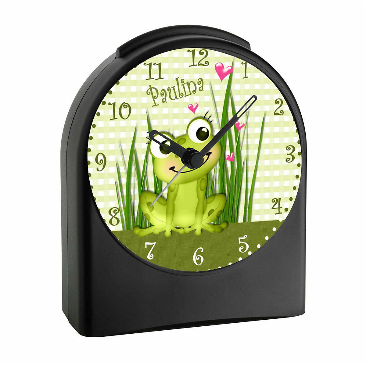 Kinder Funkwecker personalisiert mit Namen Frosch Atom-/Funkuhr, 12-Stunden-Anzeigeformat, Schlummerfunktion, Nachtlicht, Geräuschlos/Ohne Ticken