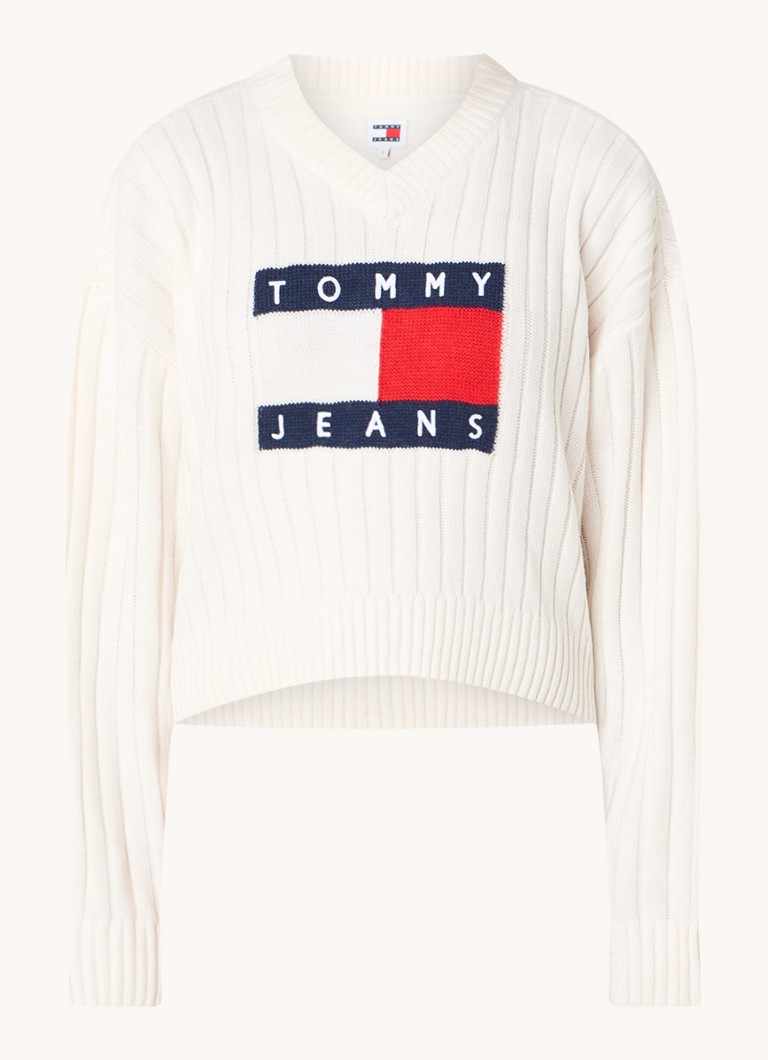 Pulover Tommy Hilfiger Crop din tricot fin cu logo țesut