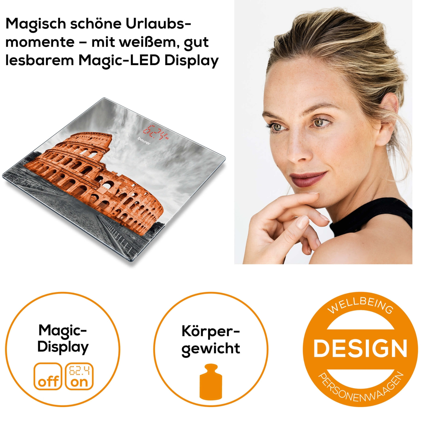 Beurer Glaswaage GS 215 Rome-Personenwaage aus Glas mit unsichtbarem Magic-Display - bis 180 kg