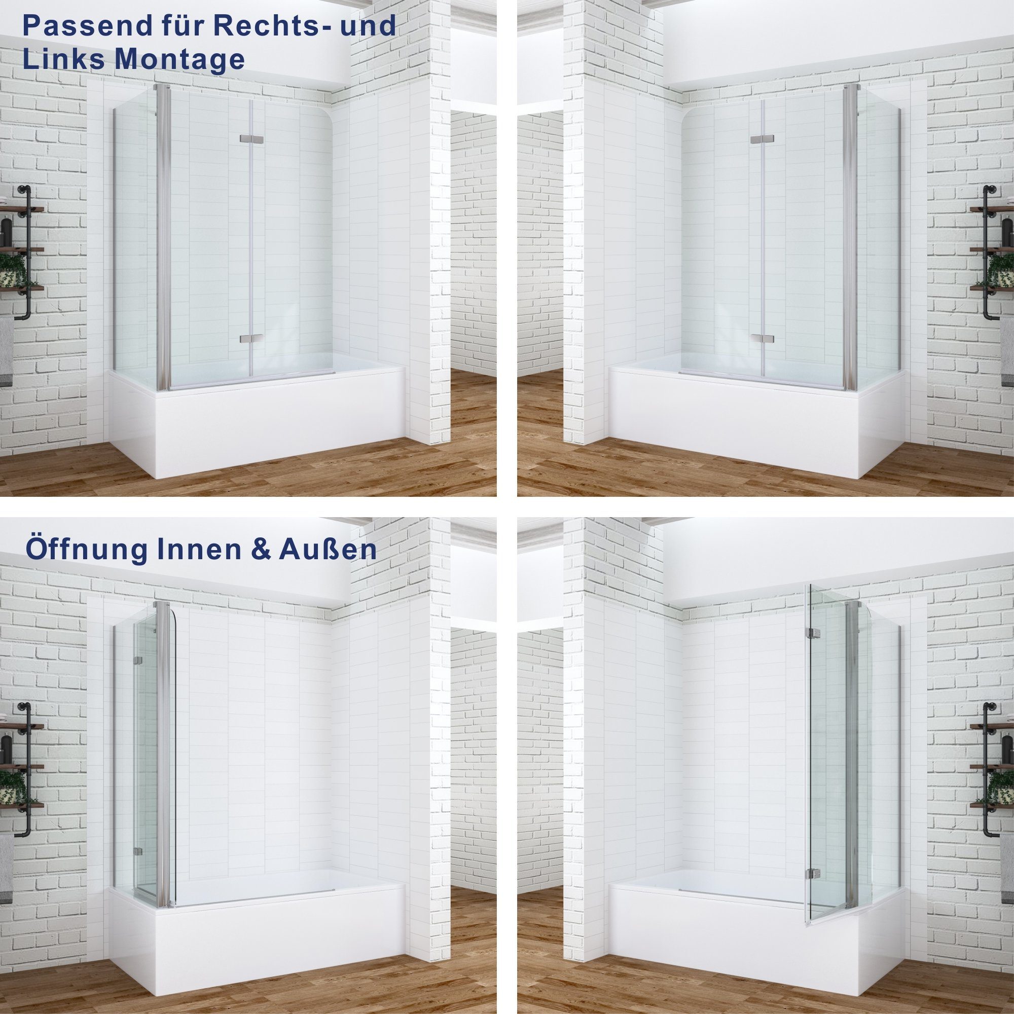 AQUABATOS Badewannenaufsatz Badewannenaufsatz mit Seitenwand Badewannenfaltwand, Einscheiben- Sicherheitsglas (ESG) 5 mm