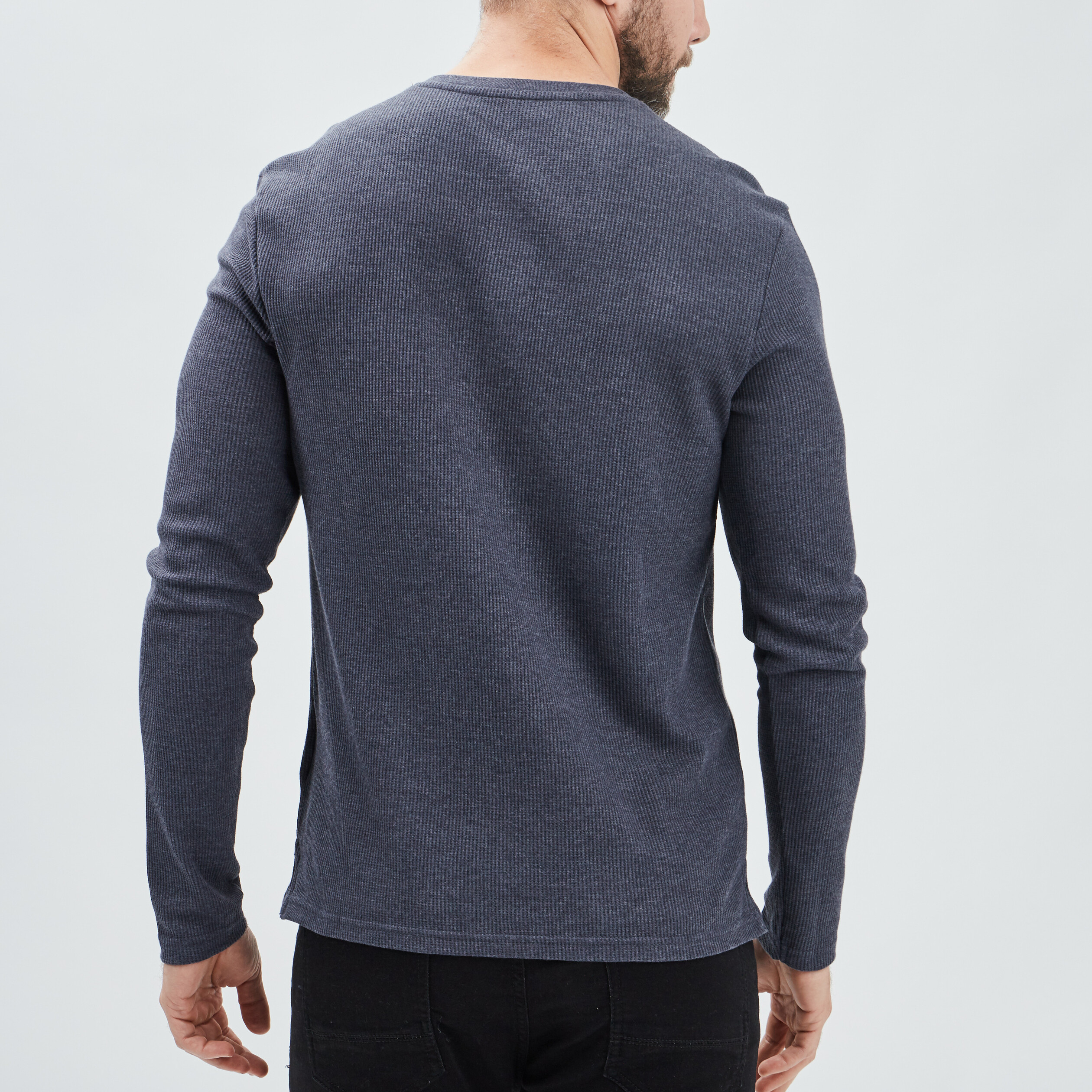 T-shirt manches longues col tunisien bleu marine homme | La Halle