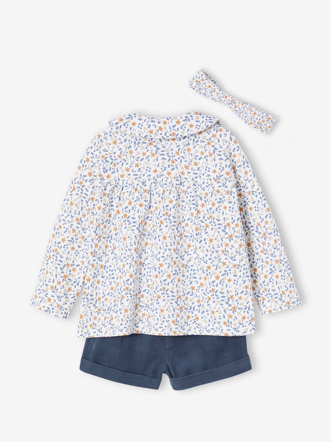 Vertbaudet Mädchen Baby-Set: Shirt, Shorts & Haarband Oeko-Tex - wollweiß