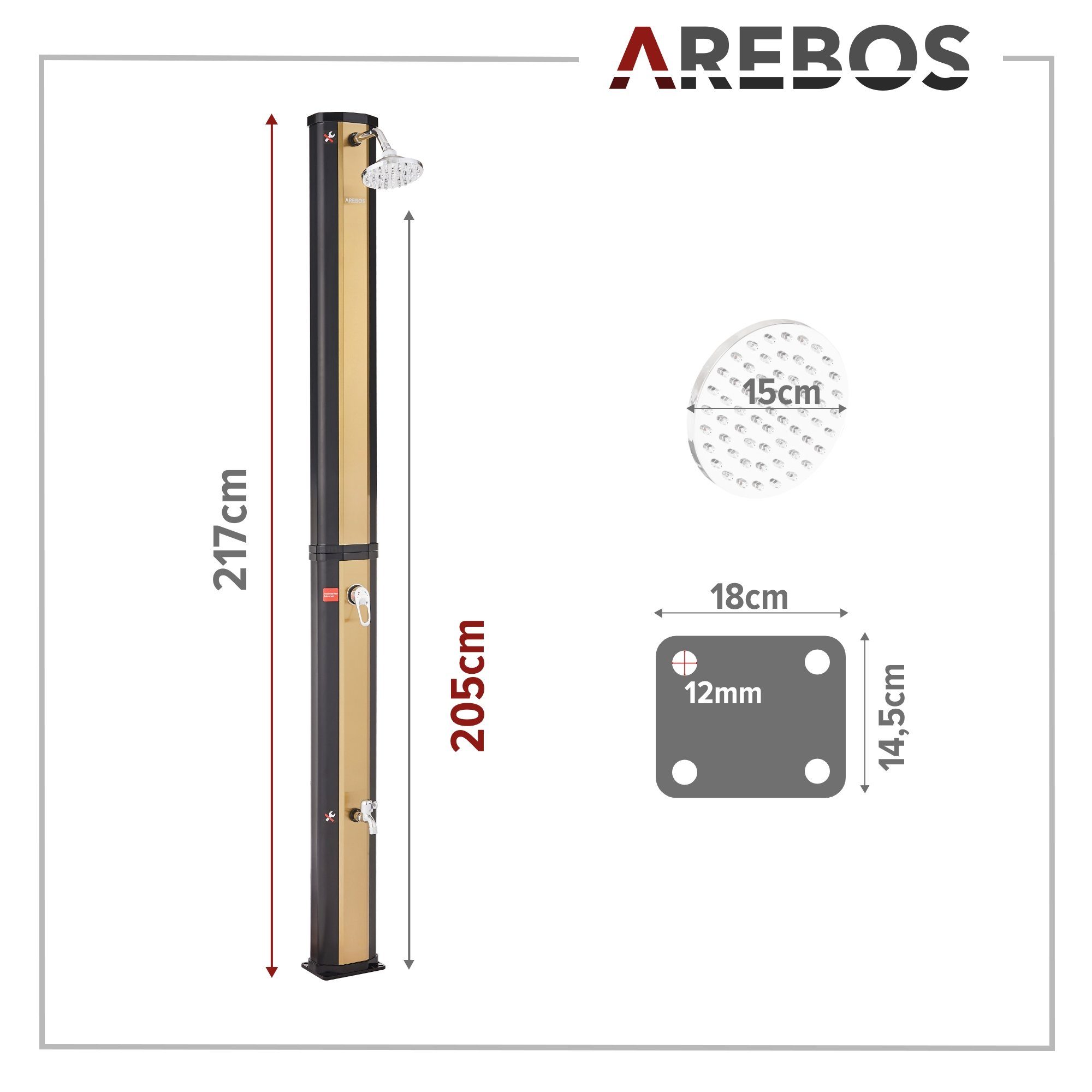 Arebos Solardusche 35L mit Handbrause&Thermometer Schwarz/golden (Set, mit Bodenplatte)