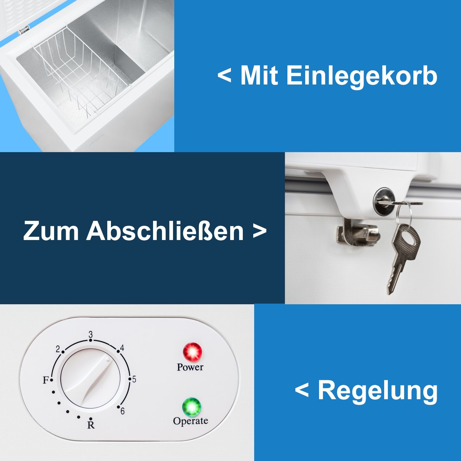 TroniTechnik Gefriertruhe BORGAR 210 PRO, 90.5 cm breit, 202 l, inkl. Dual Thermostat, LED Licht, Griff, Schloss, Rollen, Einlegekorb