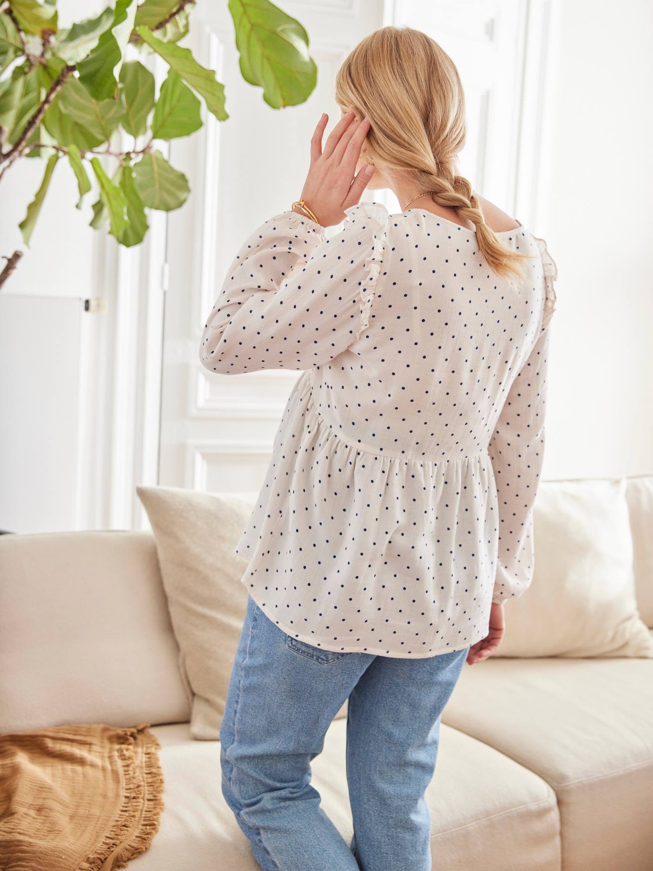 Blouse de grossesse et d'allaitement imprimé pois écru