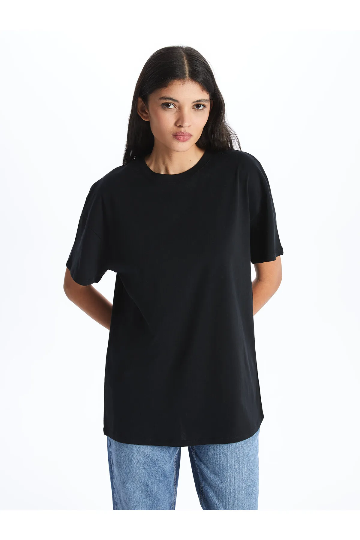 LC Waikiki  Einfarbiges, kurzärmliges, übergroßes Damen-T-Shirt mit Rundhalsausschnitt