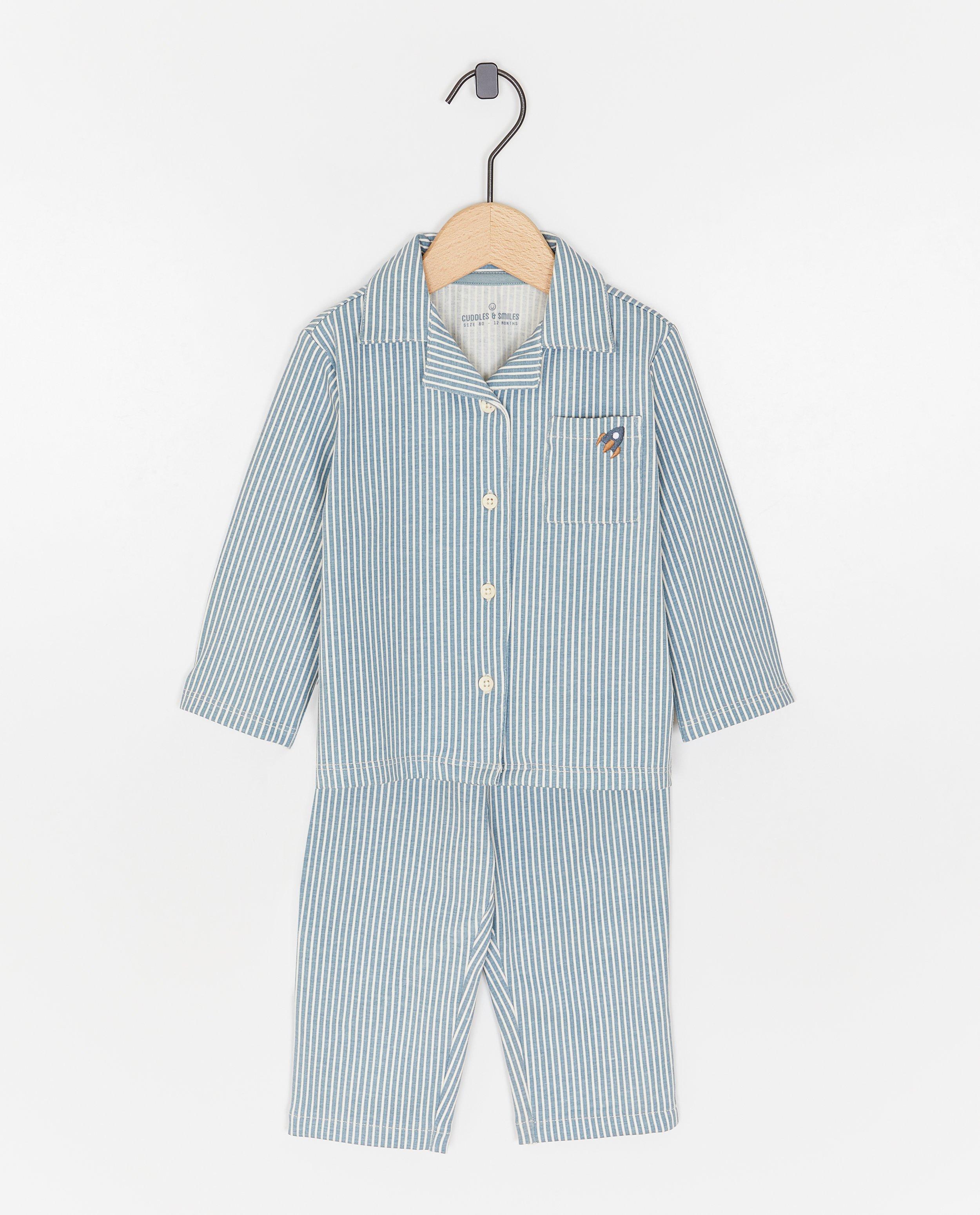 Pijamale Cuddles and Smiles cu broderie albastră cu navă spațială