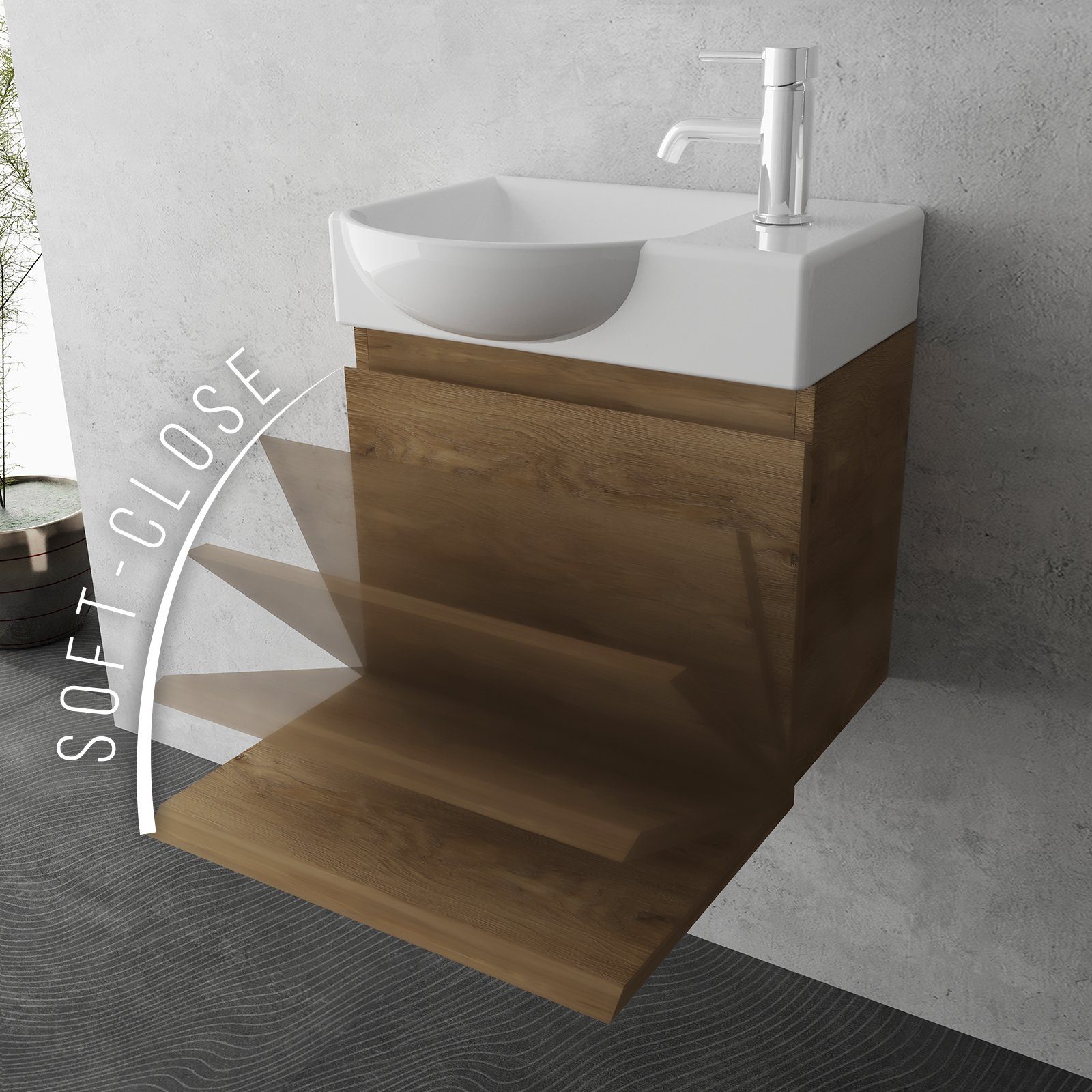 Alpenberger Badmöbel-Set - Gäste WC Waschbecken mit Unterschrank 45 cm Breit, (Badschrank 2-tlg., Waschtisch hängend), Waschbeckenunterschrank mit Softclose - Farbe Eiche - Links Becken