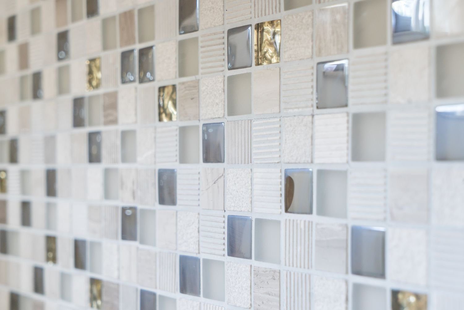 Mosani Mosaikfliesen Naturstein Rustikal Mosaikfliese Glasmosaik Marmor hellgrau gold