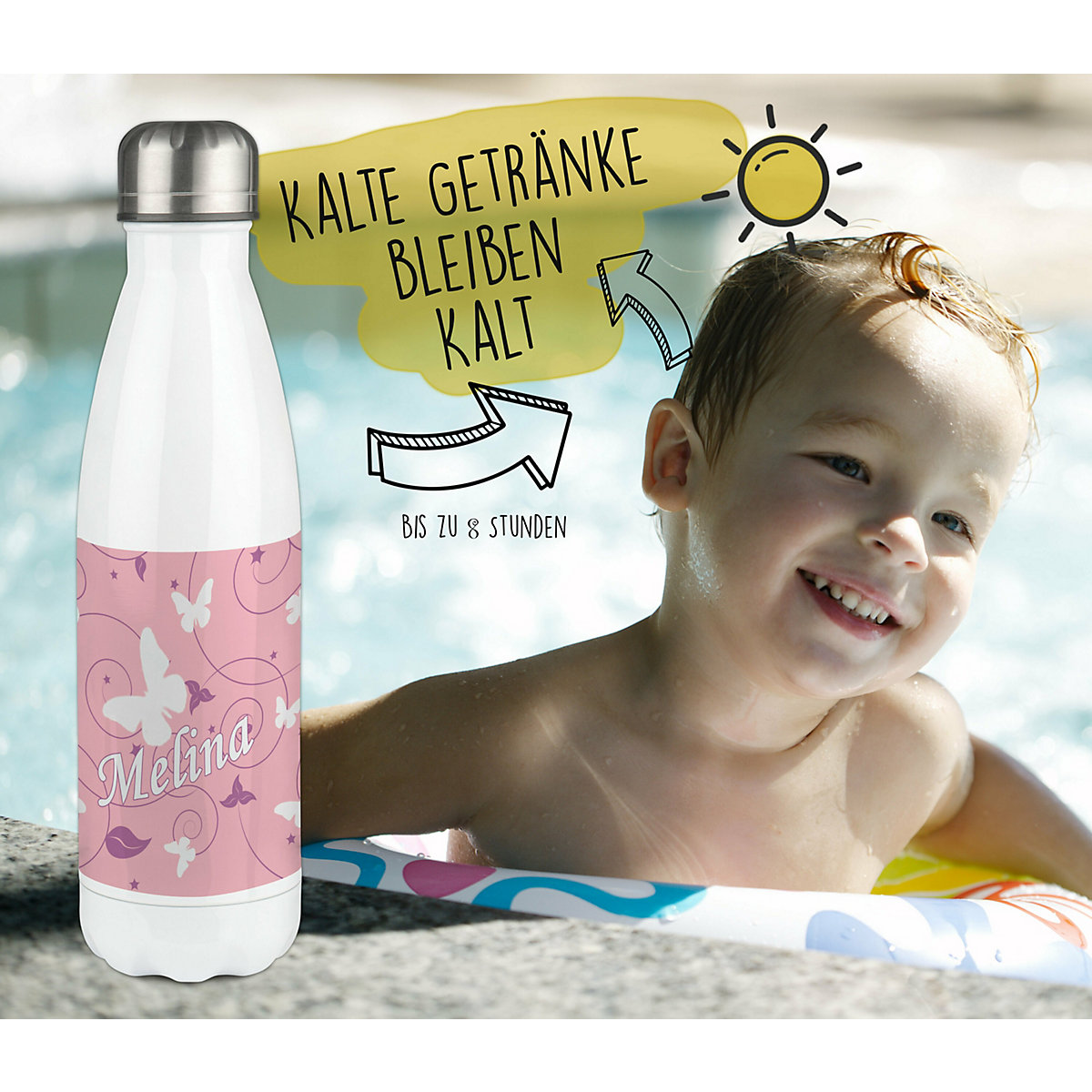 Edelstahl Kinder Thermoflasche / Trinkflasche bunt Schmetterling Ornamente Farbe rosa lila Spülmaschinenfest, Auslaufsicher, Bruchfest, Doppelwandig, Für Heißgetränke geeignet, Mit Deckel, Isolier