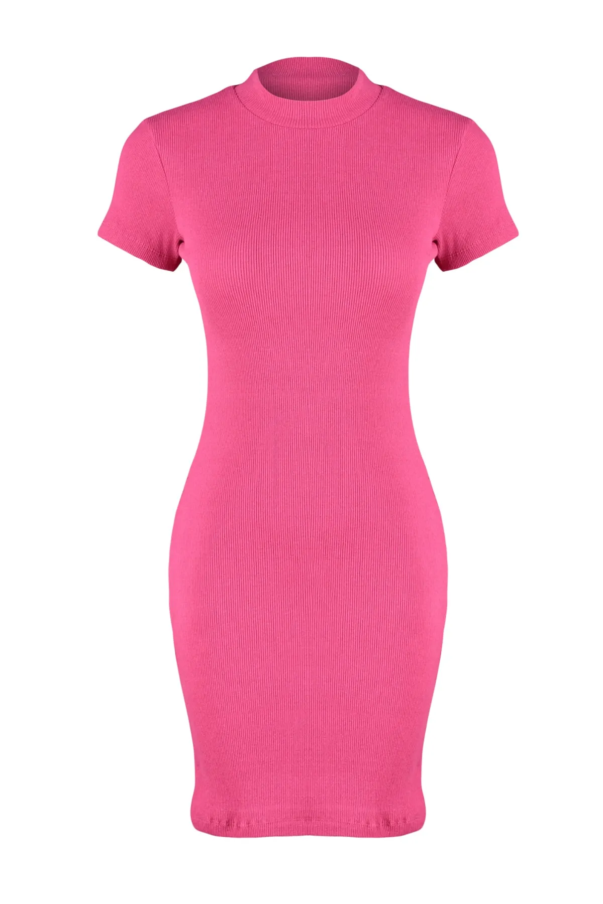 Trendyol Collection  Fuchsia Kurzärmliges, geripptes, dehnbares Mini-Bleistiftkleid aus Strick mit Rundhalsausschnitt TWOSS22EL2822