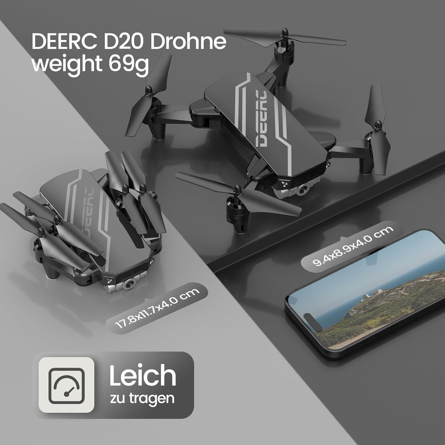 DEERC Drohne (720p, Faltbar RC Quadcopter mit FPV Live Übertragung,lange Gestensteuerung)