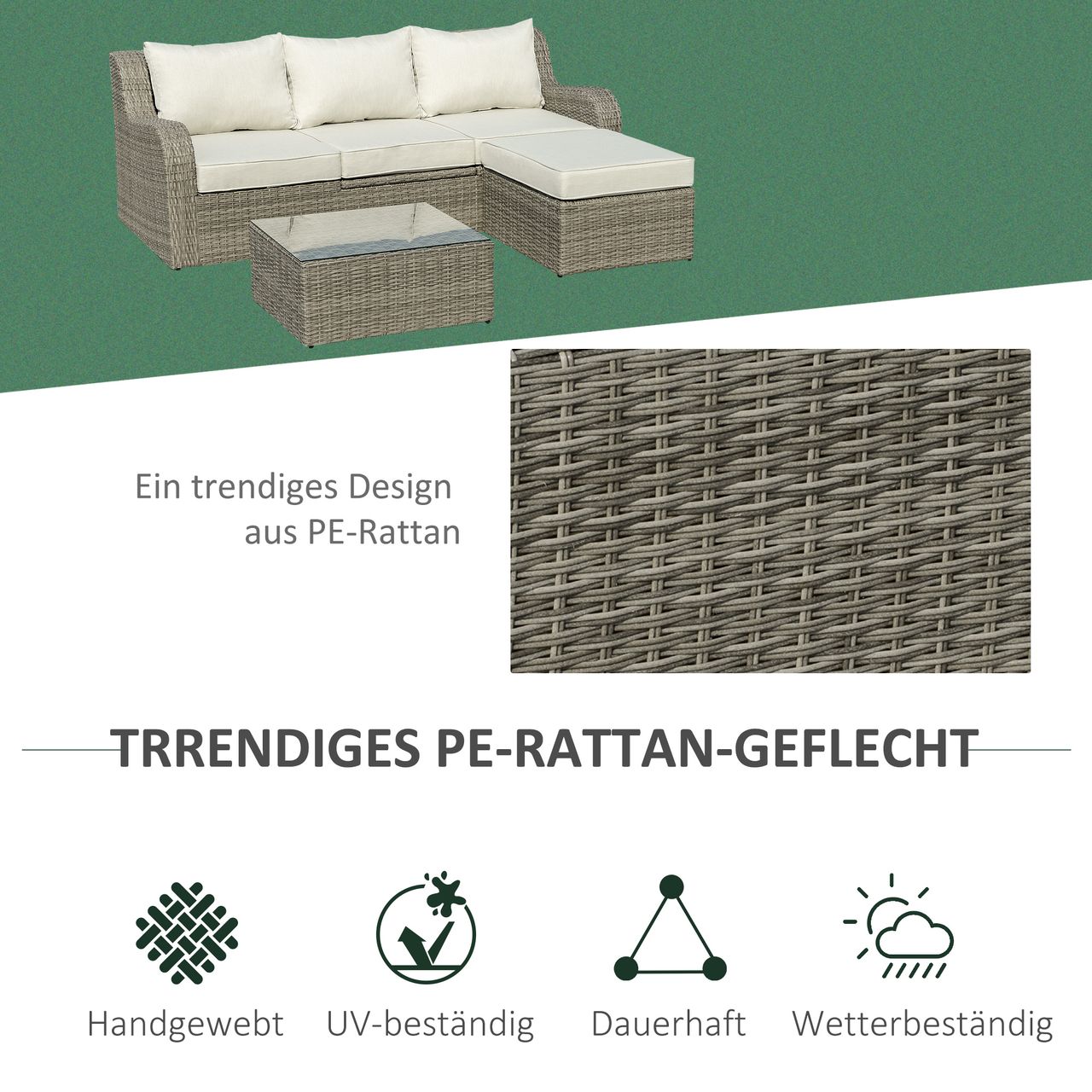 Outsunny 3-tlg. Polyrattan Gartenmöbel Set Gartengarnitur mit Tisch Aluminium