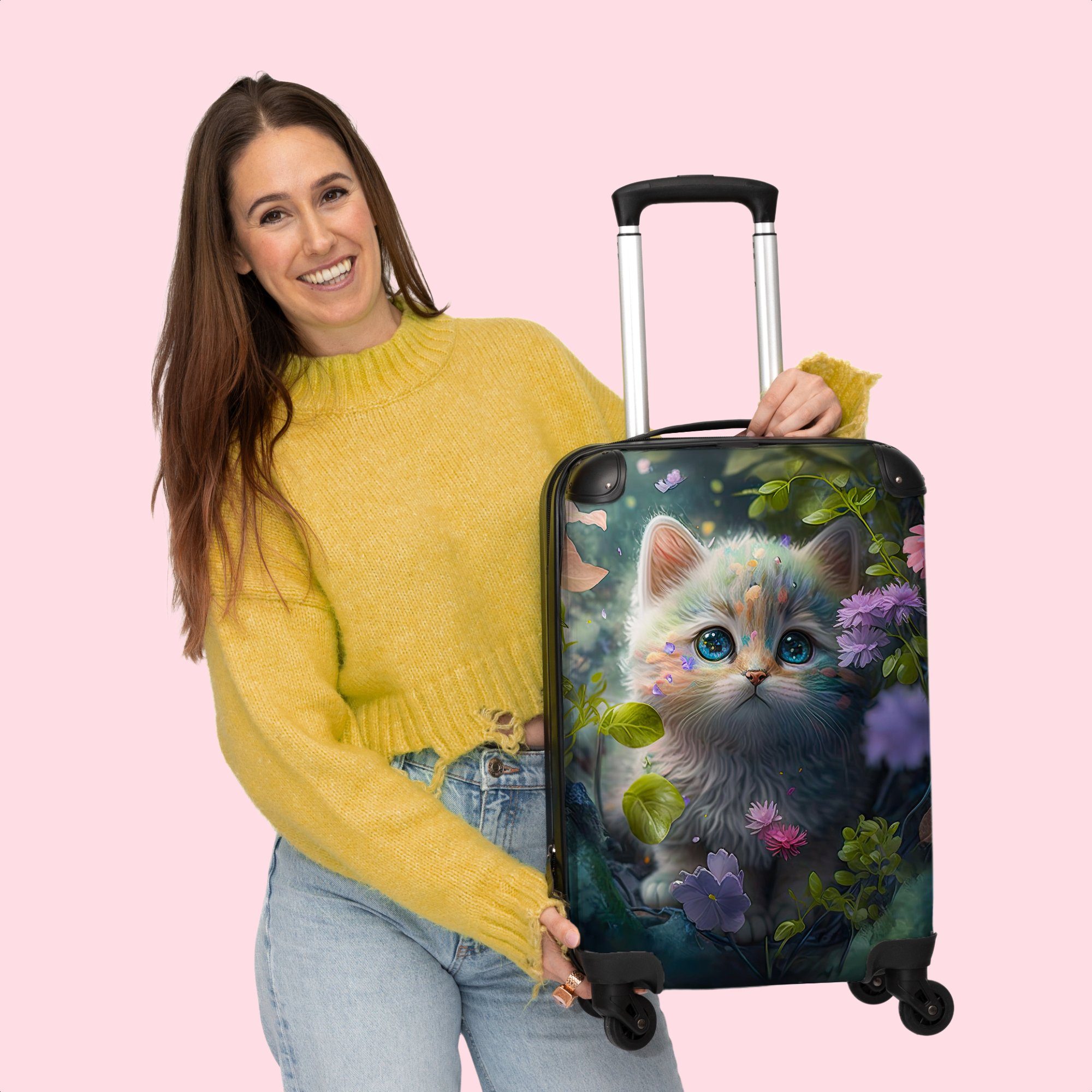 NoBoringSuitcases.com© Handgepäckkoffer 55x35x20cm Kätzchen - Blumen - Wald - Illustration - Katze, 4 Rollen, Handgepäck Trolley Rollkoffer Kleine Reisekoffer mit 4 Rollen - Cabin