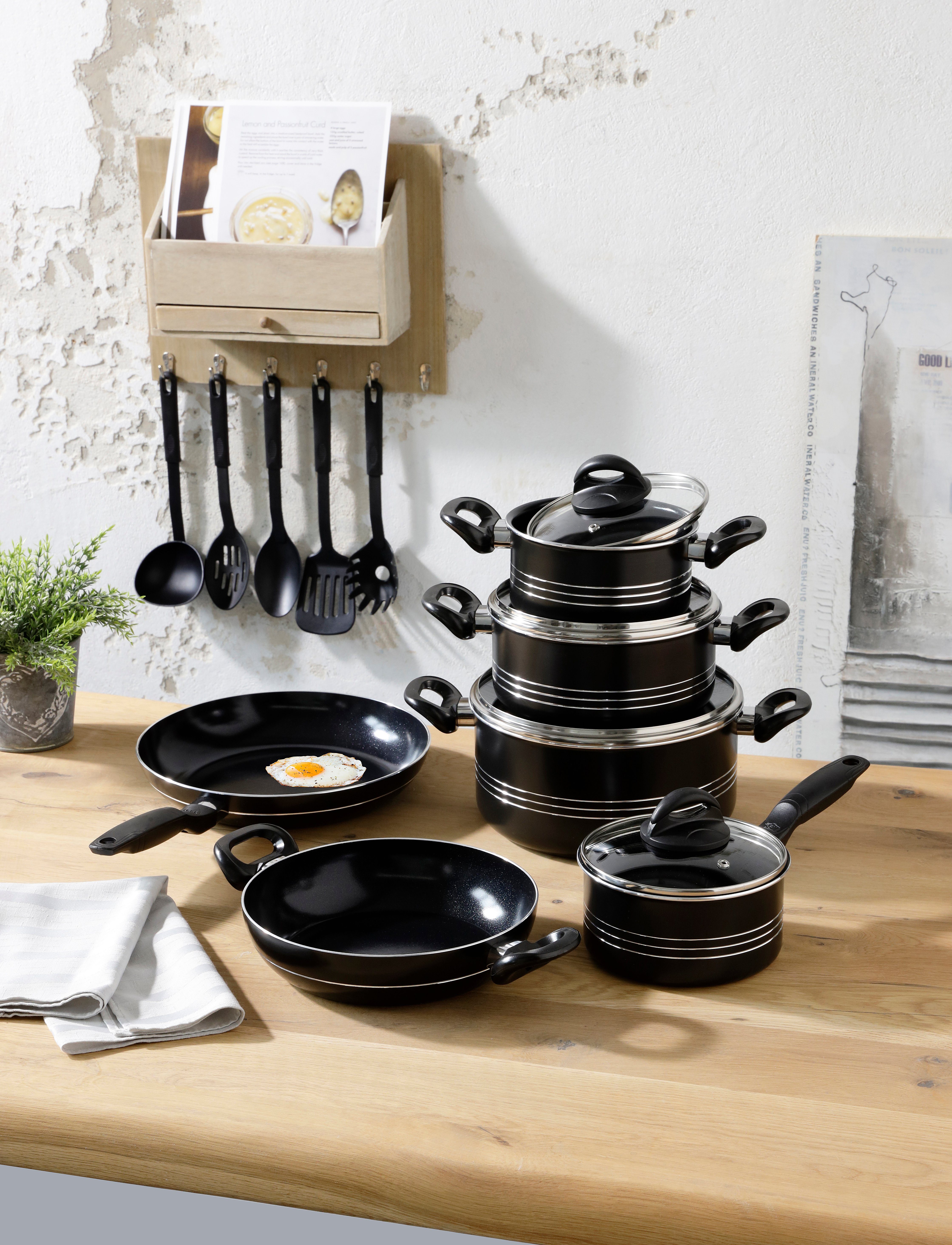 GSW Topf-Set Milano Nero, Aluminium (Set, 15-tlg), Induktion, inkl. 5-teiliges Küchenhelfer-Set